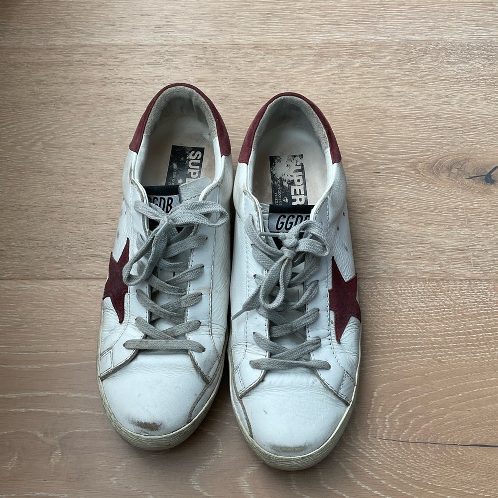 Golden Goose White Leather Sneakers with Burgundy Star Accents
